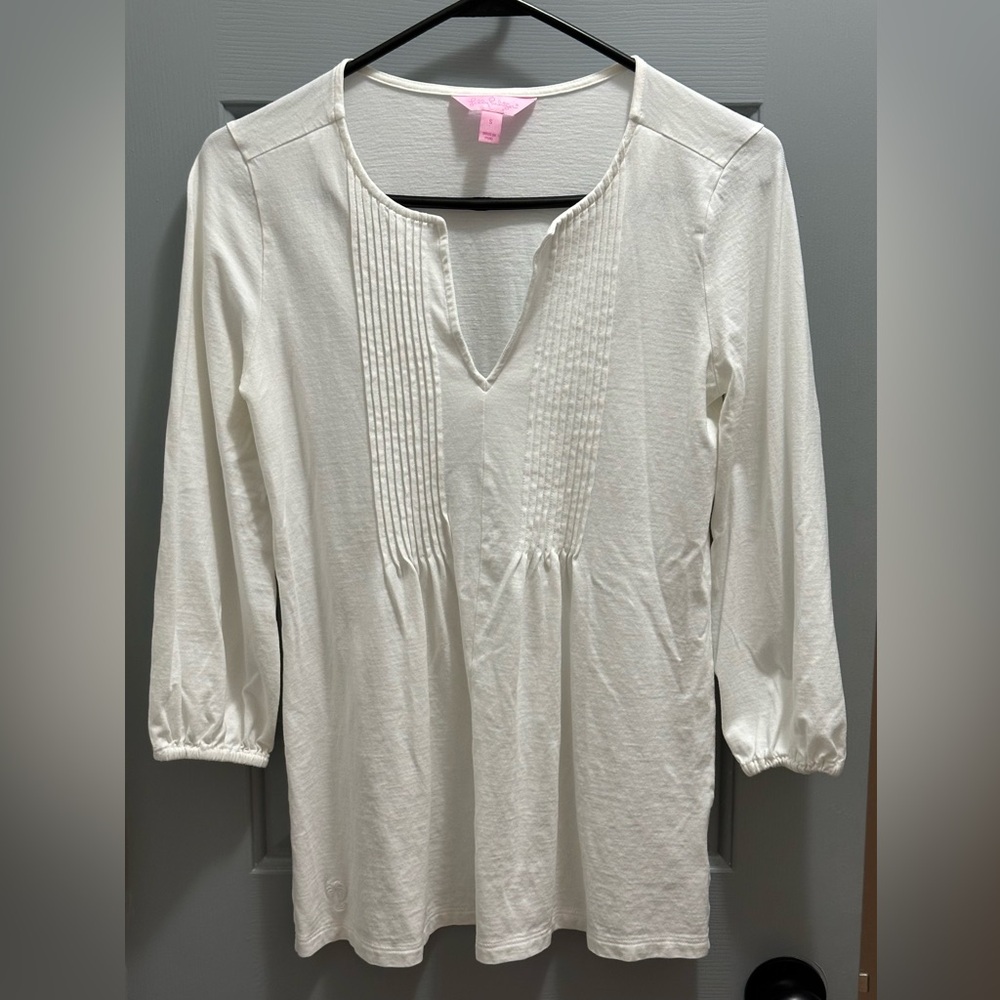 Lilly Pulitzer Braylen Pleated V-Neck Tunic Top White Sz Small 100% Pima Cotton